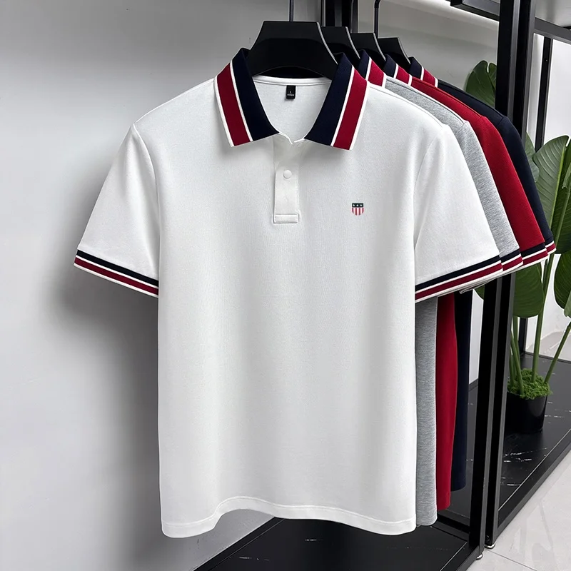 Fashion Summer Men's Short-Sleeved Polo Shirt Lapel Button High Quality Stamp Stripe Design Soft Snug Versatile Men's Clothing
