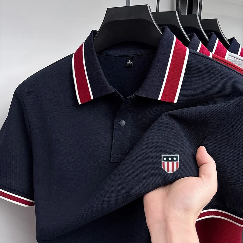 Fashion Summer Men's Short-Sleeved Polo Shirt Lapel Button High Quality Stamp Stripe Design Soft Snug Versatile Men's Clothing