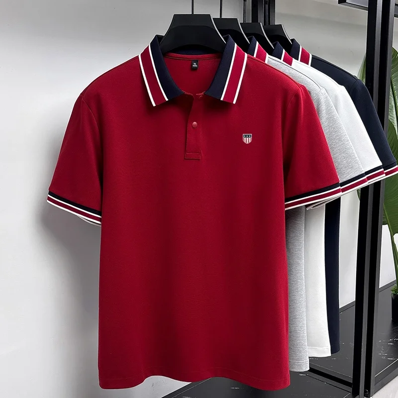Fashion Summer Men's Short-Sleeved Polo Shirt Lapel Button High Quality Stamp Stripe Design Soft Snug Versatile Men's Clothing