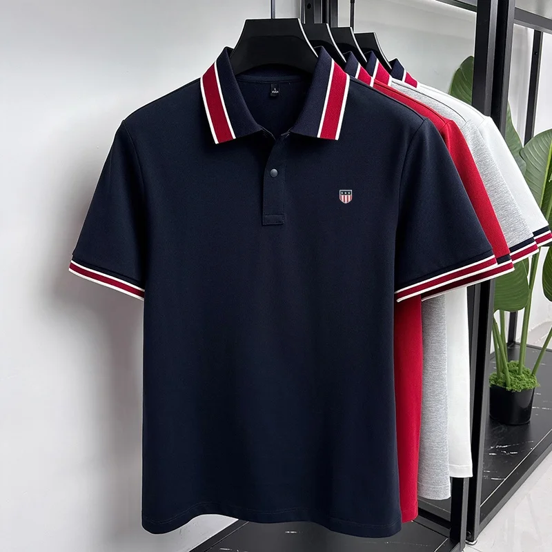 Fashion Summer Men's Short-Sleeved Polo Shirt Lapel Button High Quality Stamp Stripe Design Soft Snug Versatile Men's Clothing