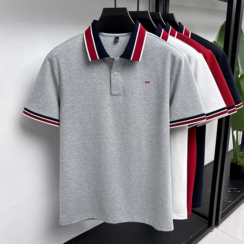 Fashion Summer Men's Short-Sleeved Polo Shirt Lapel Button High Quality Stamp Stripe Design Soft Snug Versatile Men's Clothing