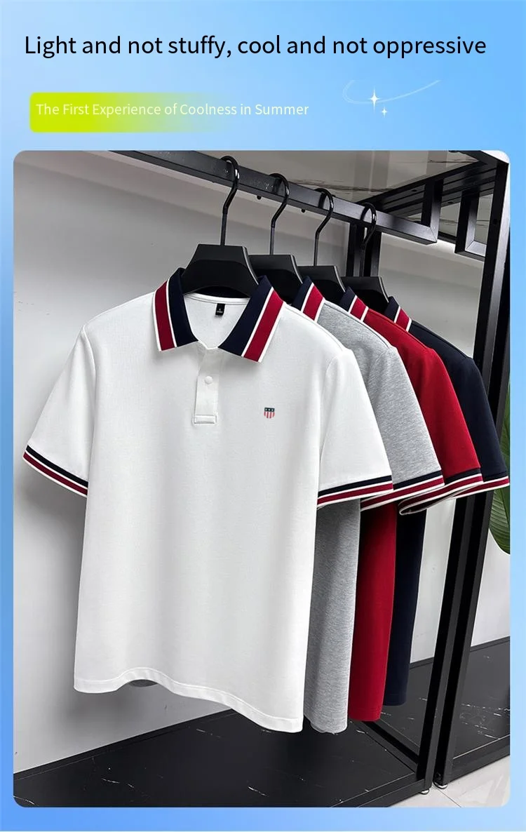 Fashion Summer Men's Short-Sleeved Polo Shirt Lapel Button High Quality Stamp Stripe Design Soft Snug Versatile Men's Clothing