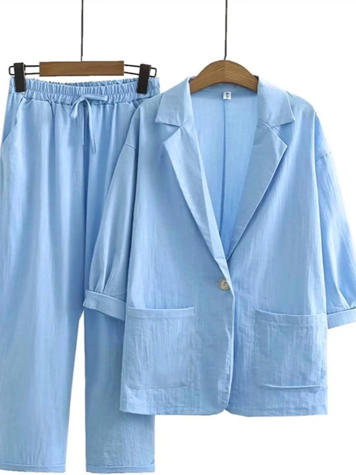 NEW AUTUMN WOMEN'S CASUAL COMMUTER COTTON LINEN TWO-PIECE SET, BLAZER COLLAR DESIGN ELEGANT SUIT AND TROUSERS SET