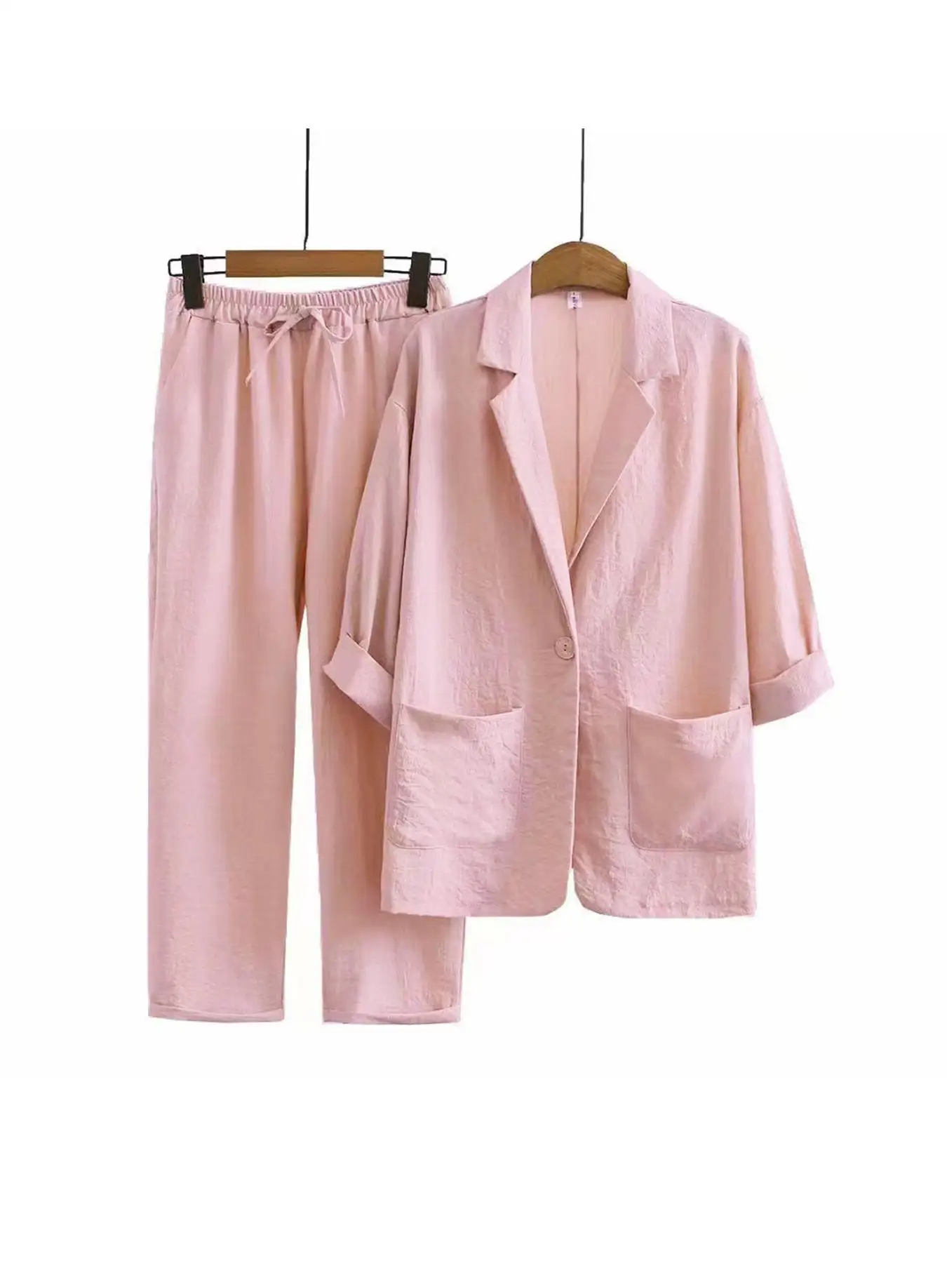 NEW AUTUMN WOMEN'S CASUAL COMMUTER COTTON LINEN TWO-PIECE SET, BLAZER COLLAR DESIGN ELEGANT SUIT AND TROUSERS SET