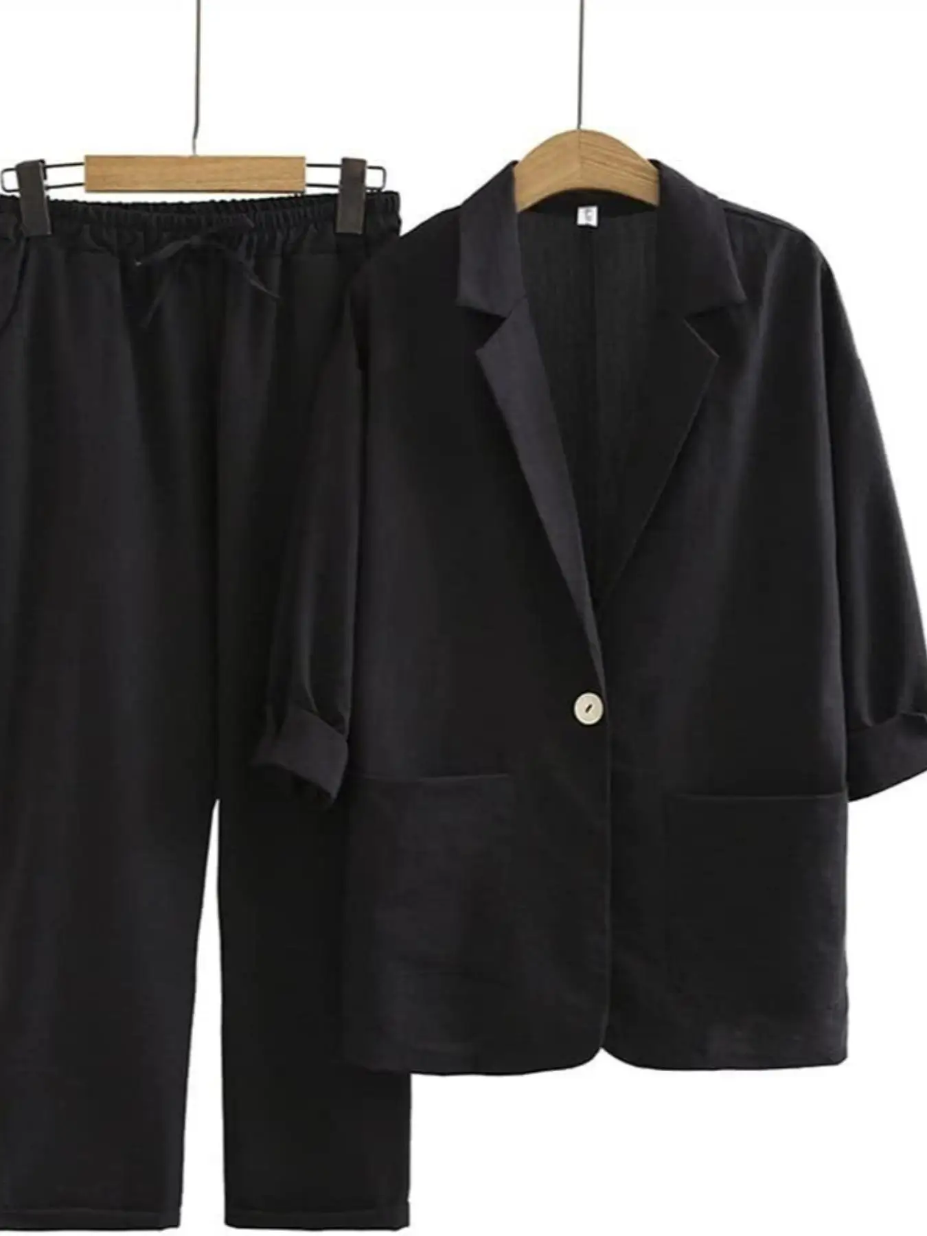 NEW AUTUMN WOMEN'S CASUAL COMMUTER COTTON LINEN TWO-PIECE SET, BLAZER COLLAR DESIGN ELEGANT SUIT AND TROUSERS SET