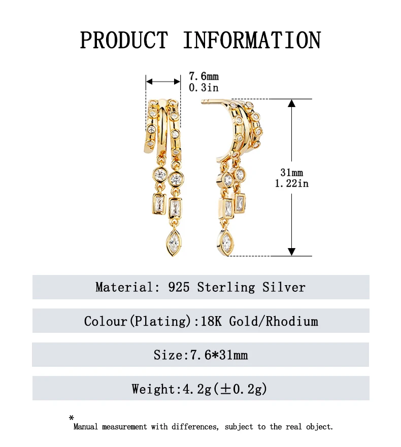 925 Sterling Silver Stacked Earrings Triple Hoop Illusion Series Girls Dangle Zircon Tassel Personalized Drop Earring for Women