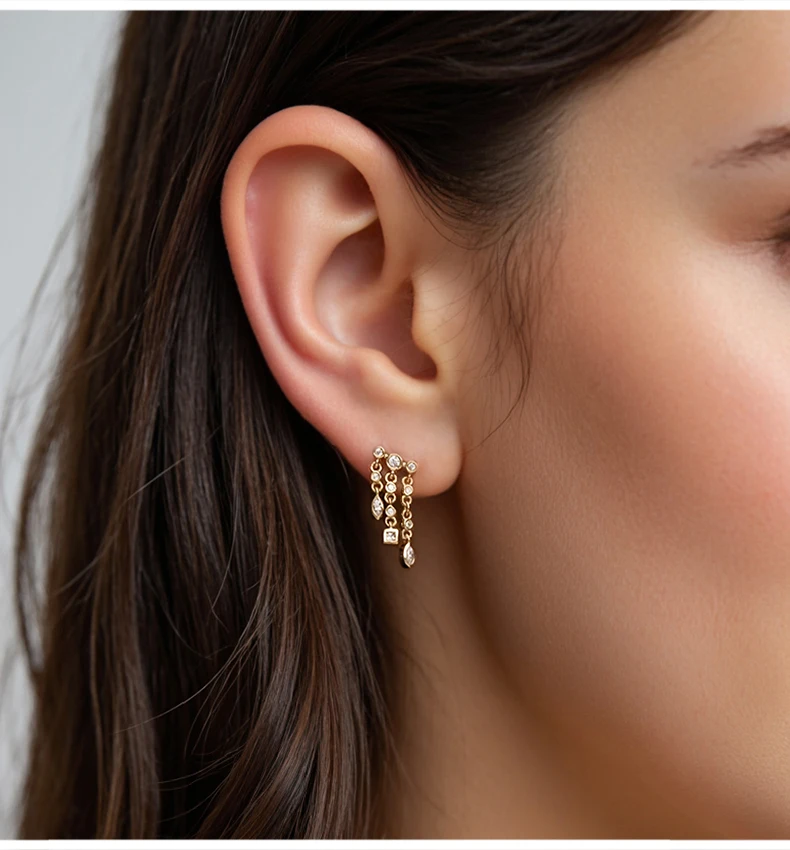 925 Sterling Silver Stacked Earrings Triple Hoop Illusion Series Girls Dangle Zircon Tassel Personalized Drop Earring for Women