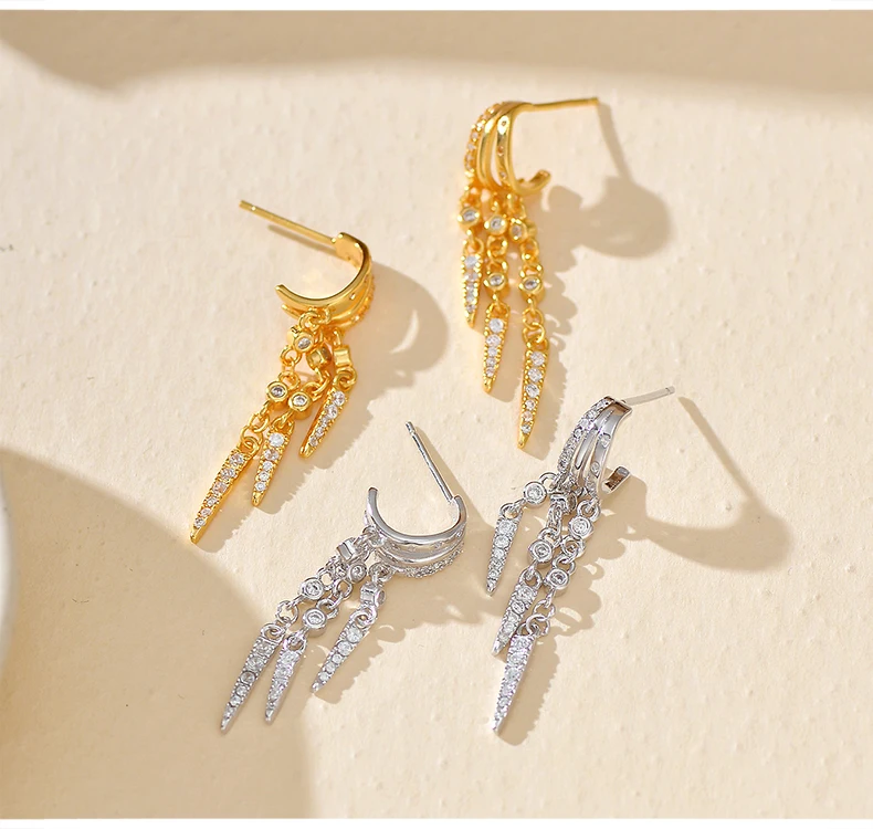 925 Sterling Silver Stacked Earrings Triple Hoop Illusion Series Girls Dangle Zircon Tassel Personalized Drop Earring for Women