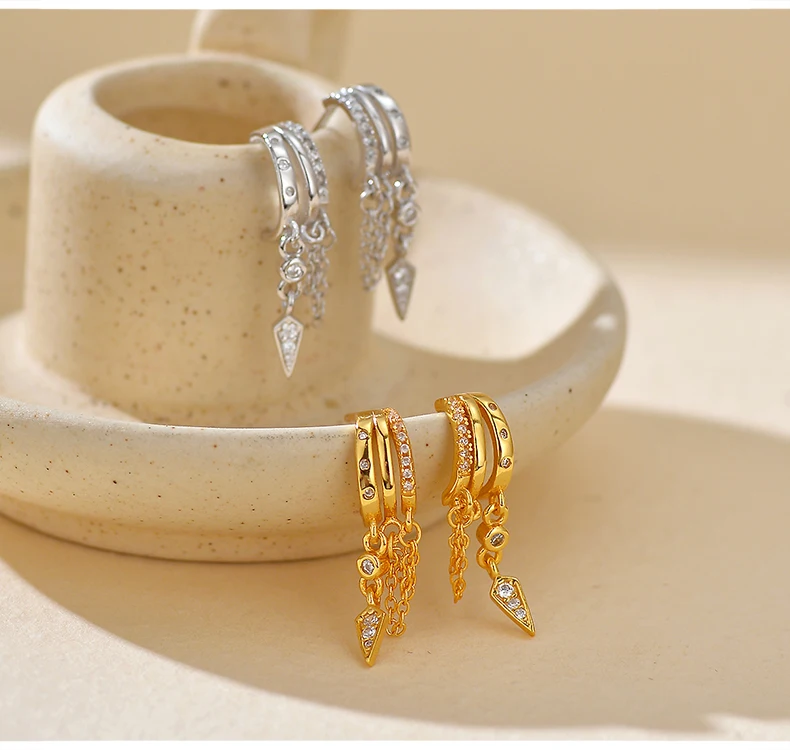 925 Sterling Silver Stacked Earrings Triple Hoop Illusion Series Girls Dangle Zircon Tassel Personalized Drop Earring for Women