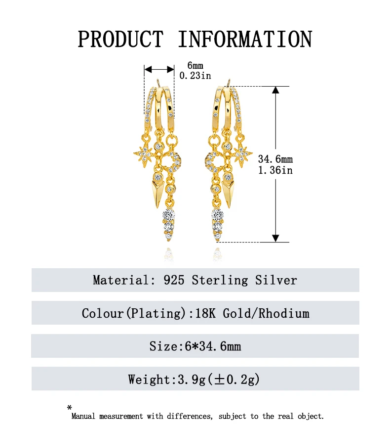 925 Sterling Silver Stacked Earrings Triple Hoop Illusion Series Girls Dangle Zircon Tassel Personalized Drop Earring for Women