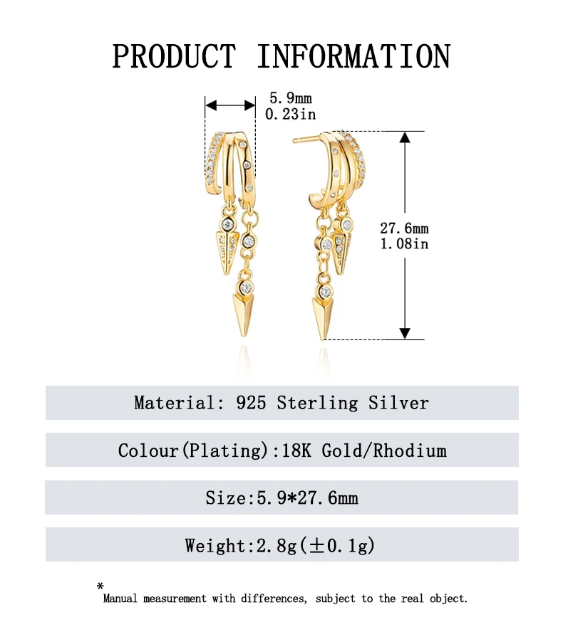 925 Sterling Silver Stacked Earrings Triple Hoop Illusion Series Girls Dangle Zircon Tassel Personalized Drop Earring for Women
