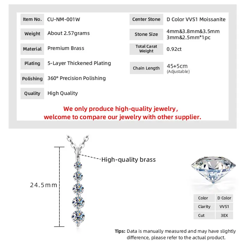 IOGOU 14k Gold Filled 0.92cttw D Color Round Moissanite Pendant Necklace for Women 5-Stone Bar Collar GRA Certified Jewelry Gift