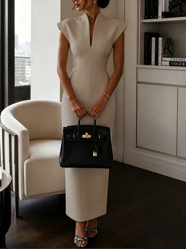Elegant High Waist Straight Women Party Dress Casual Street Solid Holiday Dress Office V Neck Short Sleeved Summer Long Dresses