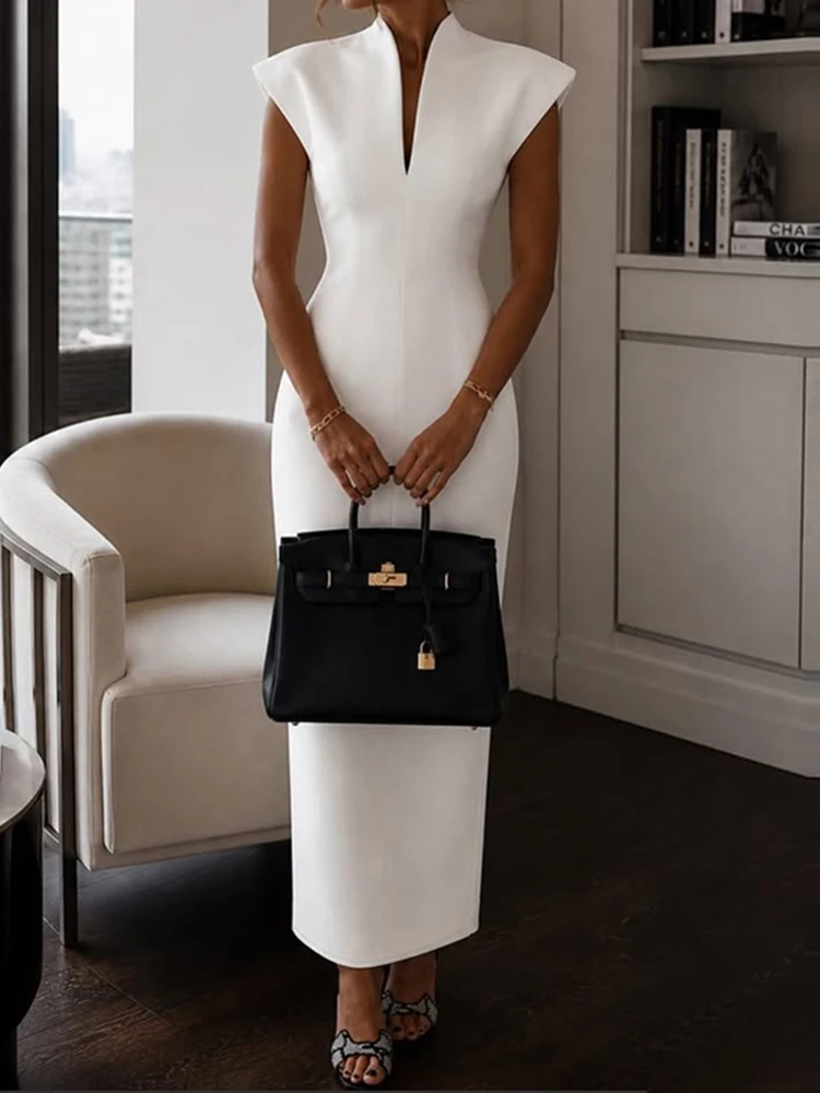 Elegant High Waist Straight Women Party Dress Casual Street Solid Holiday Dress Office V Neck Short Sleeved Summer Long Dresses