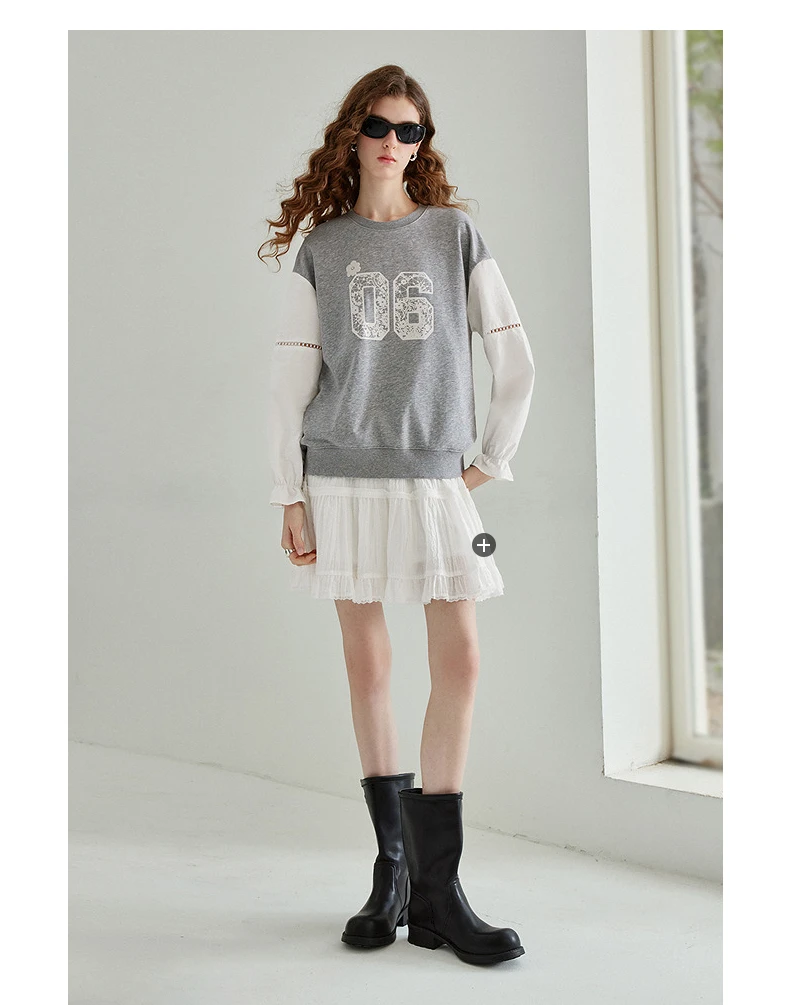 TOYOUTH Women's Fake Two Piece Sweatshirt 2026 Autumn New Arrival Preppy Sporty Digital Print Color Block Splicing Top