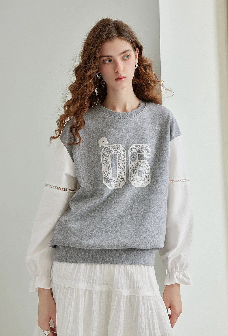 TOYOUTH Women's Fake Two Piece Sweatshirt 2026 Autumn New Arrival Preppy Sporty Digital Print Color Block Splicing Top