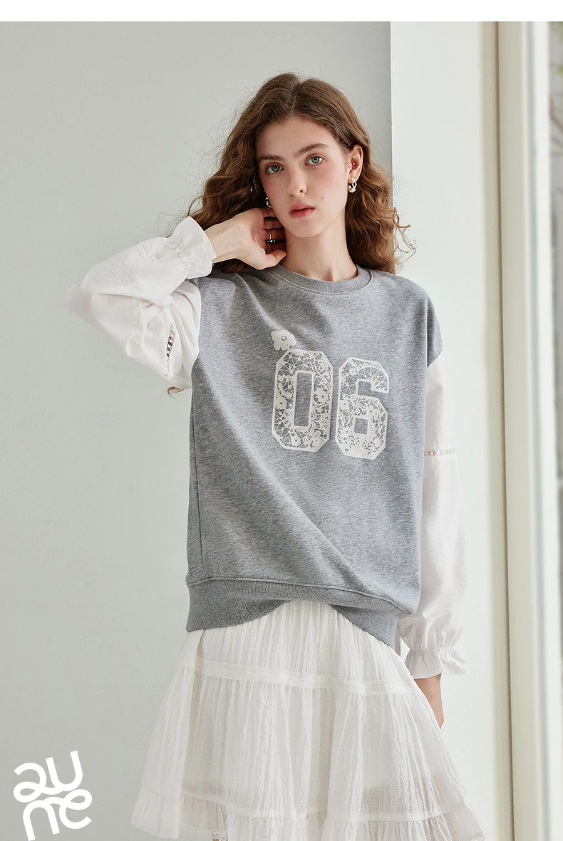 TOYOUTH Women's Fake Two Piece Sweatshirt 2026 Autumn New Arrival Preppy Sporty Digital Print Color Block Splicing Top