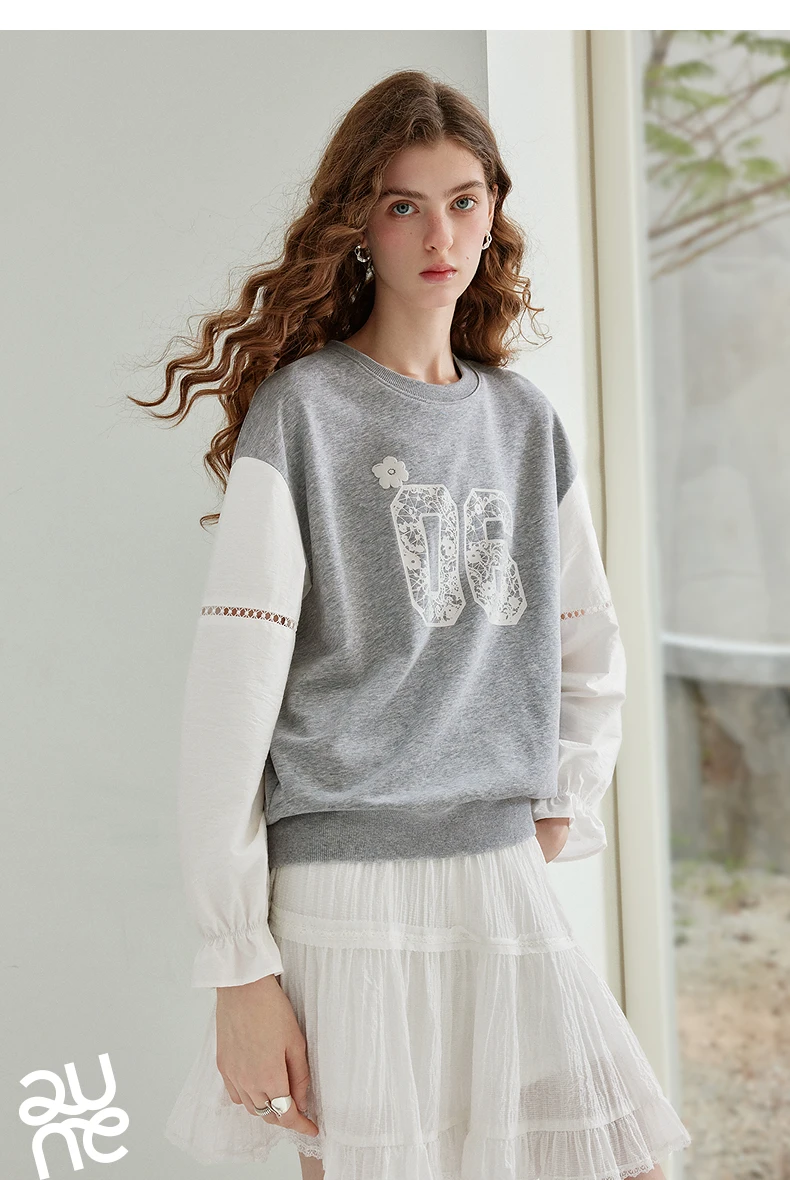 TOYOUTH Women's Fake Two Piece Sweatshirt 2026 Autumn New Arrival Preppy Sporty Digital Print Color Block Splicing Top