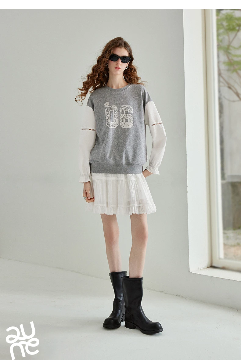 TOYOUTH Women's Fake Two Piece Sweatshirt 2026 Autumn New Arrival Preppy Sporty Digital Print Color Block Splicing Top