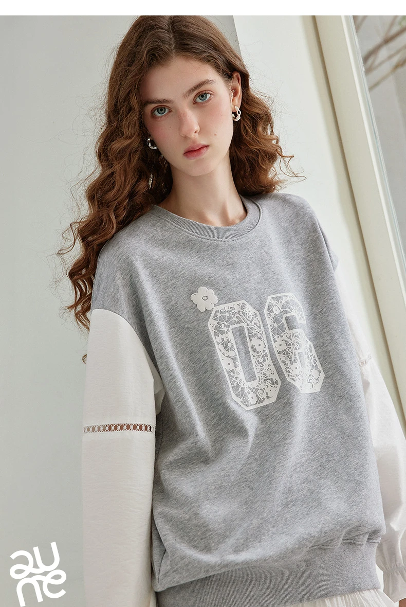 TOYOUTH Women's Fake Two Piece Sweatshirt 2026 Autumn New Arrival Preppy Sporty Digital Print Color Block Splicing Top
