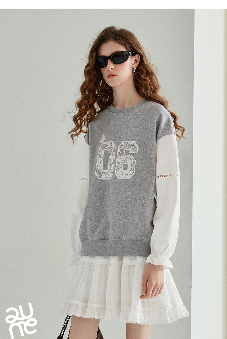 TOYOUTH Women's Fake Two Piece Sweatshirt 2026 Autumn New Arrival Preppy Sporty Digital Print Color Block Splicing Top