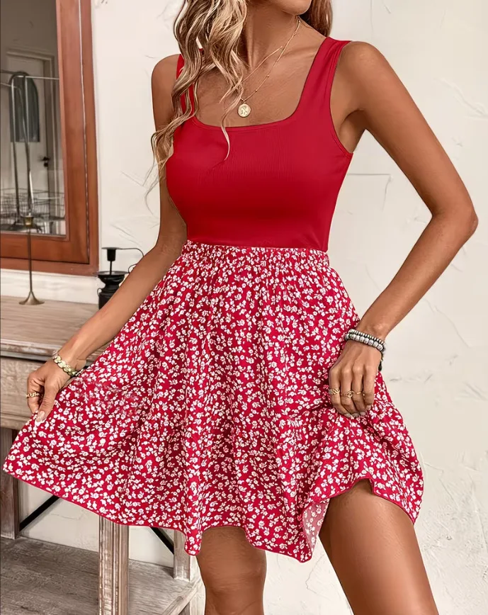 Women's Summer New Sleeveless Floral Dress Elegant Stylish Patchwork Tank Top A-line Dresses