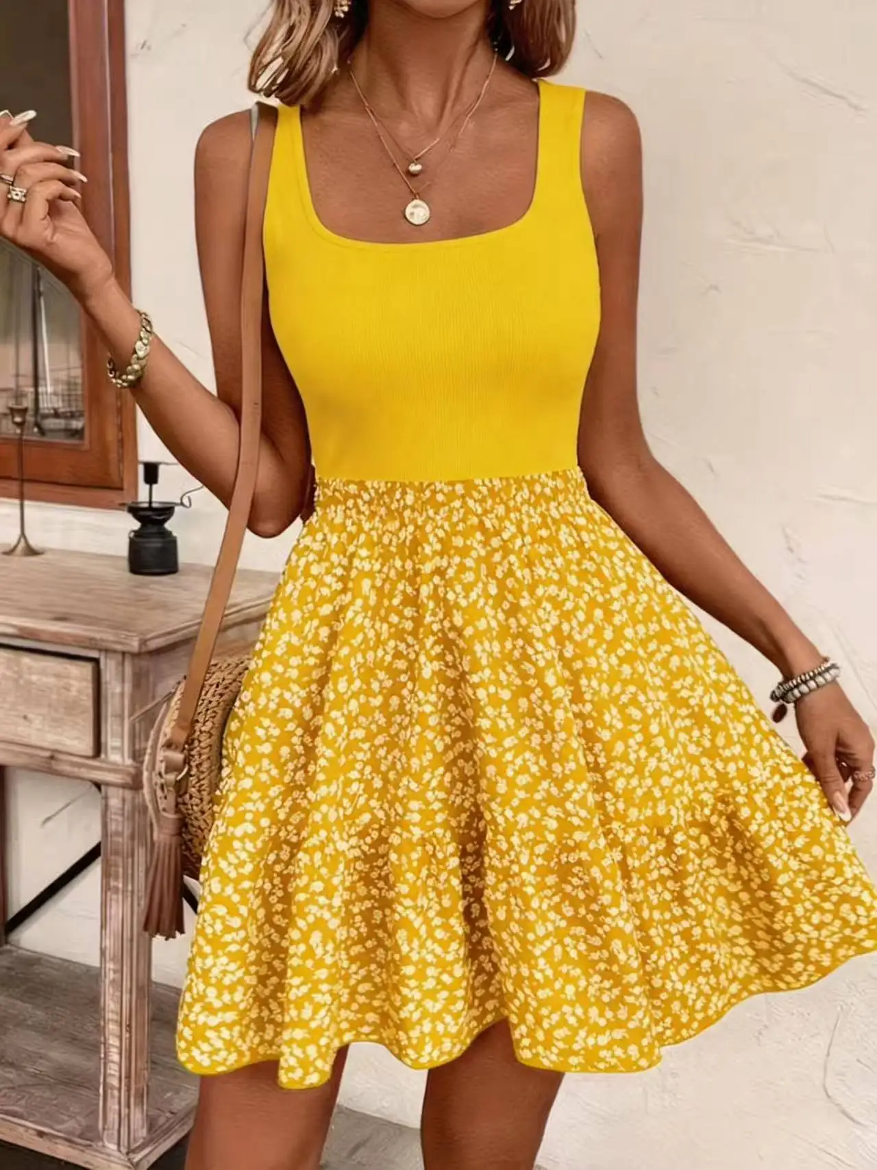 Women's Summer New Sleeveless Floral Dress Elegant Stylish Patchwork Tank Top A-line Dresses