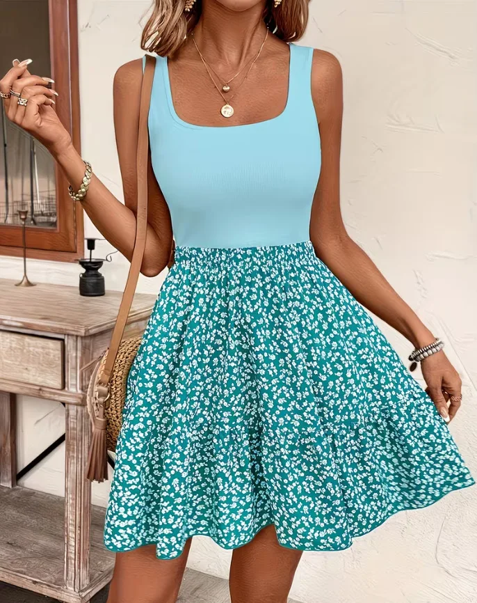 Women's Summer New Sleeveless Floral Dress Elegant Stylish Patchwork Tank Top A-line Dresses