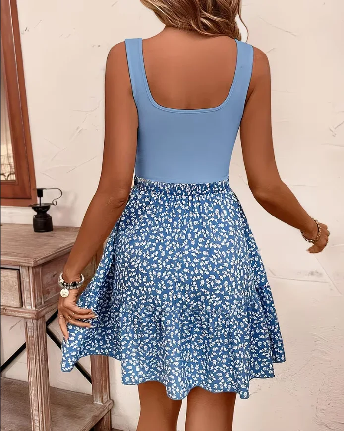 Women's Summer New Sleeveless Floral Dress Elegant Stylish Patchwork Tank Top A-line Dresses