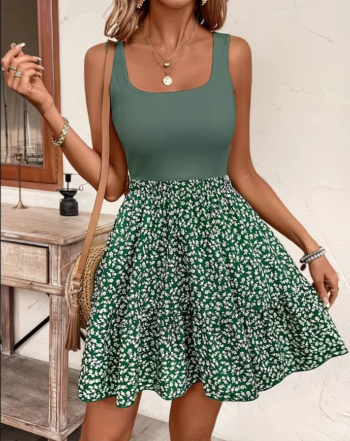 Women's Summer New Sleeveless Floral Dress Elegant Stylish Patchwork Tank Top A-line Dresses