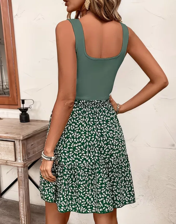 Women's Summer New Sleeveless Floral Dress Elegant Stylish Patchwork Tank Top A-line Dresses