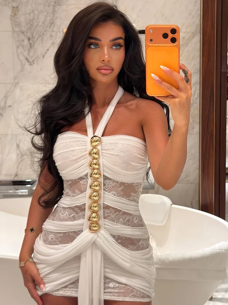 Weird Puss Mesh Patchwork Mini Dress Woman Metal Decoration Halter Off Shoulder Backless Ribbon Prom Party Sexy Fashion Bodycon