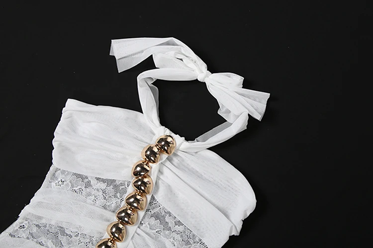 Weird Puss Mesh Patchwork Mini Dress Woman Metal Decoration Halter Off Shoulder Backless Ribbon Prom Party Sexy Fashion Bodycon