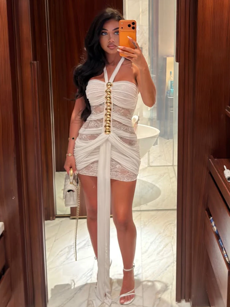 Weird Puss Mesh Patchwork Mini Dress Woman Metal Decoration Halter Off Shoulder Backless Ribbon Prom Party Sexy Fashion Bodycon