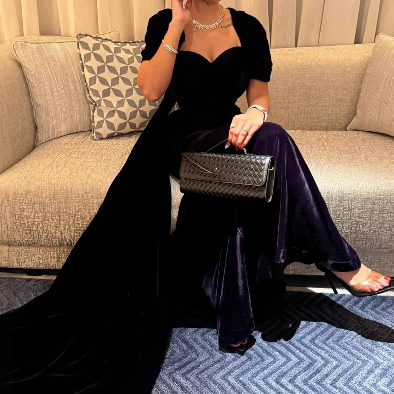Hight Waist Solid Floor Length Dress Lady Casual Short Sleeve Slim Long Dress Sweet Sweetheart Neck Velvet Evening Dress