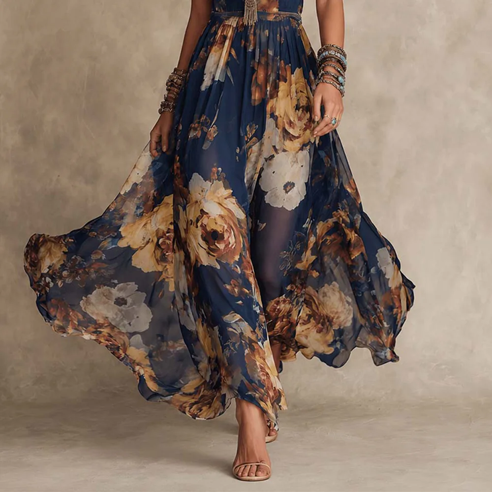 New Women Boho Floral Print Maxi Dress Elegant Spaghetti Strap V Neck Sleeveless Slim Waist A-Line Long Flowing Beach Sundress