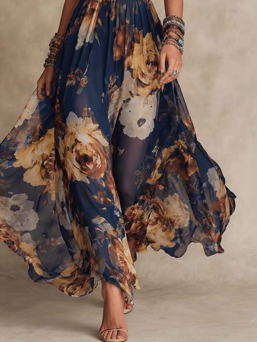 New Women Boho Floral Print Maxi Dress Elegant Spaghetti Strap V Neck Sleeveless Slim Waist A-Line Long Flowing Beach Sundress