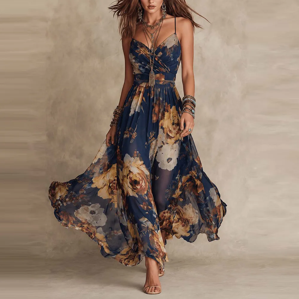 New Women Boho Floral Print Maxi Dress Elegant Spaghetti Strap V Neck Sleeveless Slim Waist A-Line Long Flowing Beach Sundress