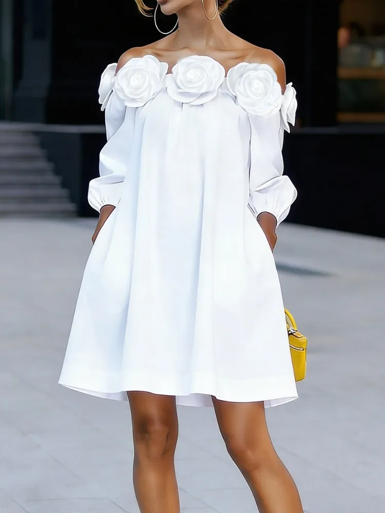 UOOZEE Women's Cotton Blend 3D Rose Off-The-Shoulder White Mini Dresses 2026 New 3/4 Sleeves Loose Elegant Party A-line Dress