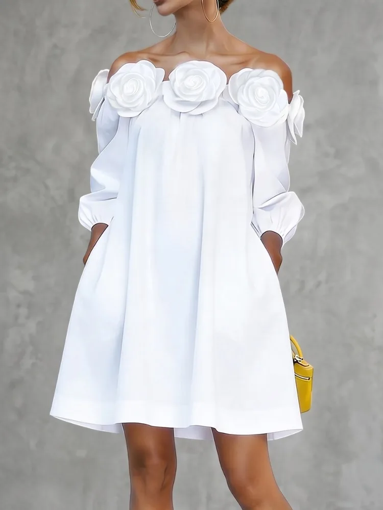 UOOZEE Women's Cotton Blend 3D Rose Off-The-Shoulder White Mini Dresses 2026 New 3/4 Sleeves Loose Elegant Party A-line Dress