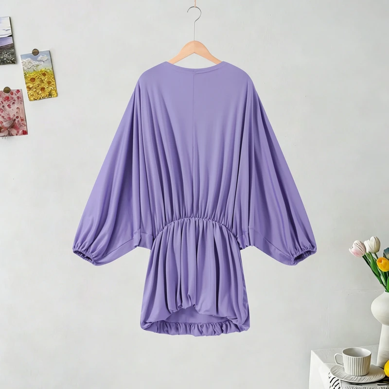 Boho Lace Up Women Mini Dress Loose Backless Round Neck Pleated Batwing Sleeve Dresses 2026 Summer Lady Vacation Party Robes New