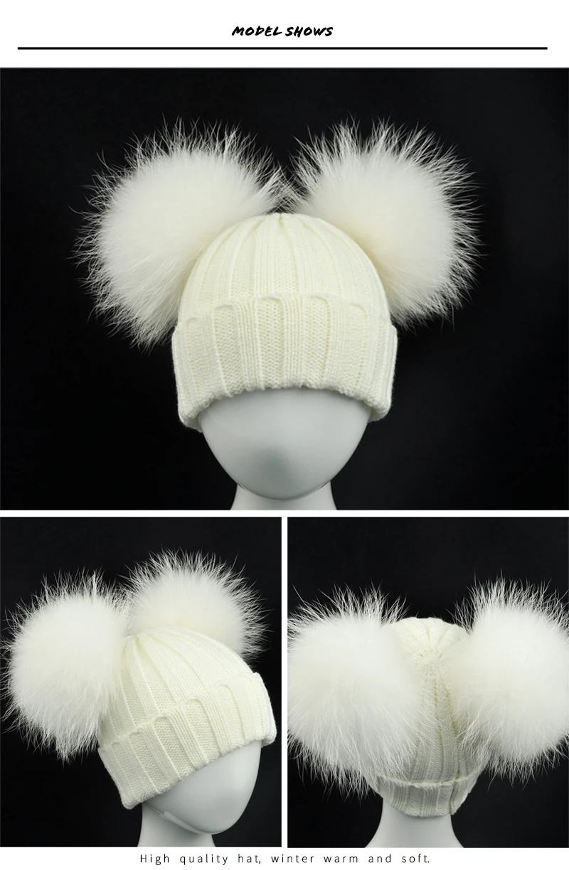 Winter Baby Knit Hat With Two Fur Pompoms Boy Girls Natural Fur Ball Beanie Kids Caps Double Real Fur Pom Pom Hat for Children