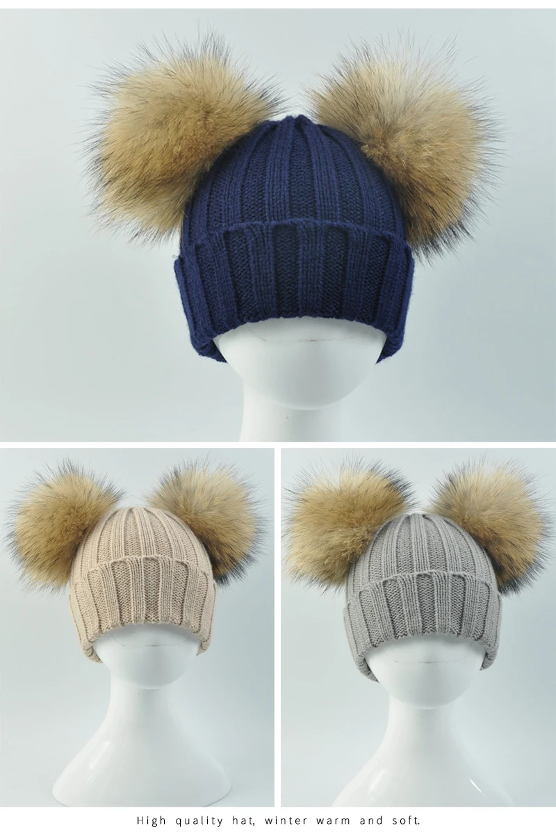 Winter Baby Knit Hat With Two Fur Pompoms Boy Girls Natural Fur Ball Beanie Kids Caps Double Real Fur Pom Pom Hat for Children