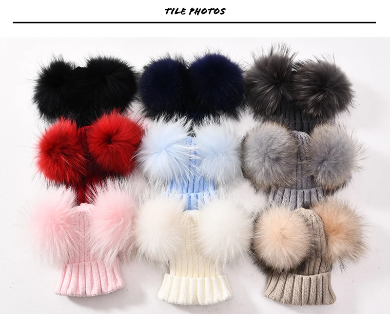 Winter Baby Knit Hat With Two Fur Pompoms Boy Girls Natural Fur Ball Beanie Kids Caps Double Real Fur Pom Pom Hat for Children