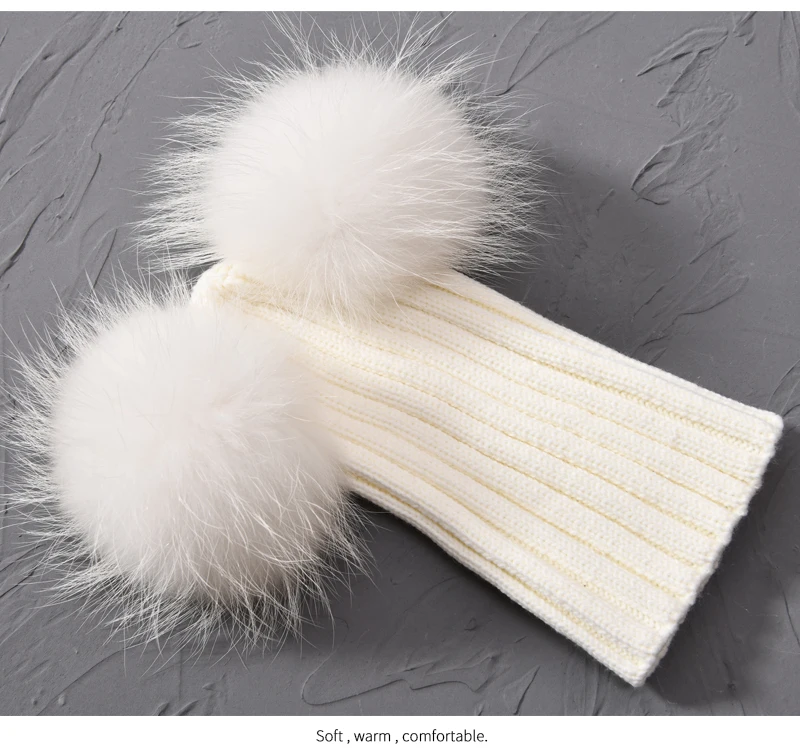 Winter Baby Knit Hat With Two Fur Pompoms Boy Girls Natural Fur Ball Beanie Kids Caps Double Real Fur Pom Pom Hat for Children