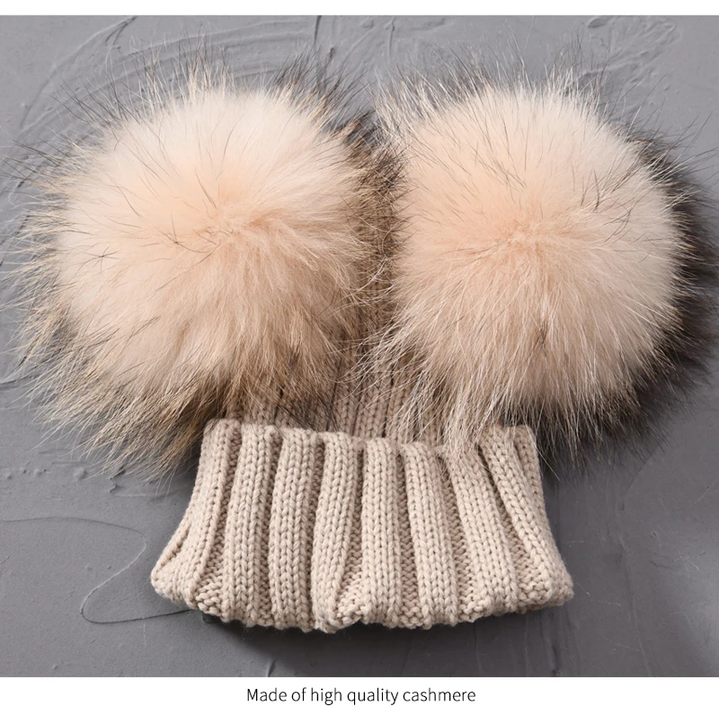 Winter Baby Knit Hat With Two Fur Pompoms Boy Girls Natural Fur Ball Beanie Kids Caps Double Real Fur Pom Pom Hat for Children