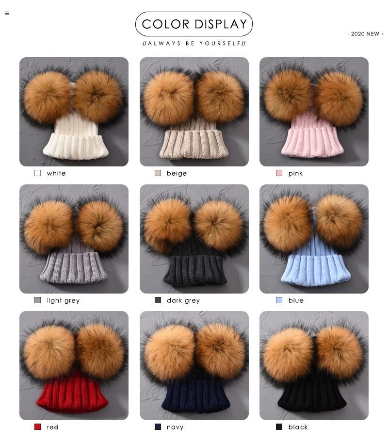 Winter Baby Knit Hat With Two Fur Pompoms Boy Girls Natural Fur Ball Beanie Kids Caps Double Real Fur Pom Pom Hat for Children
