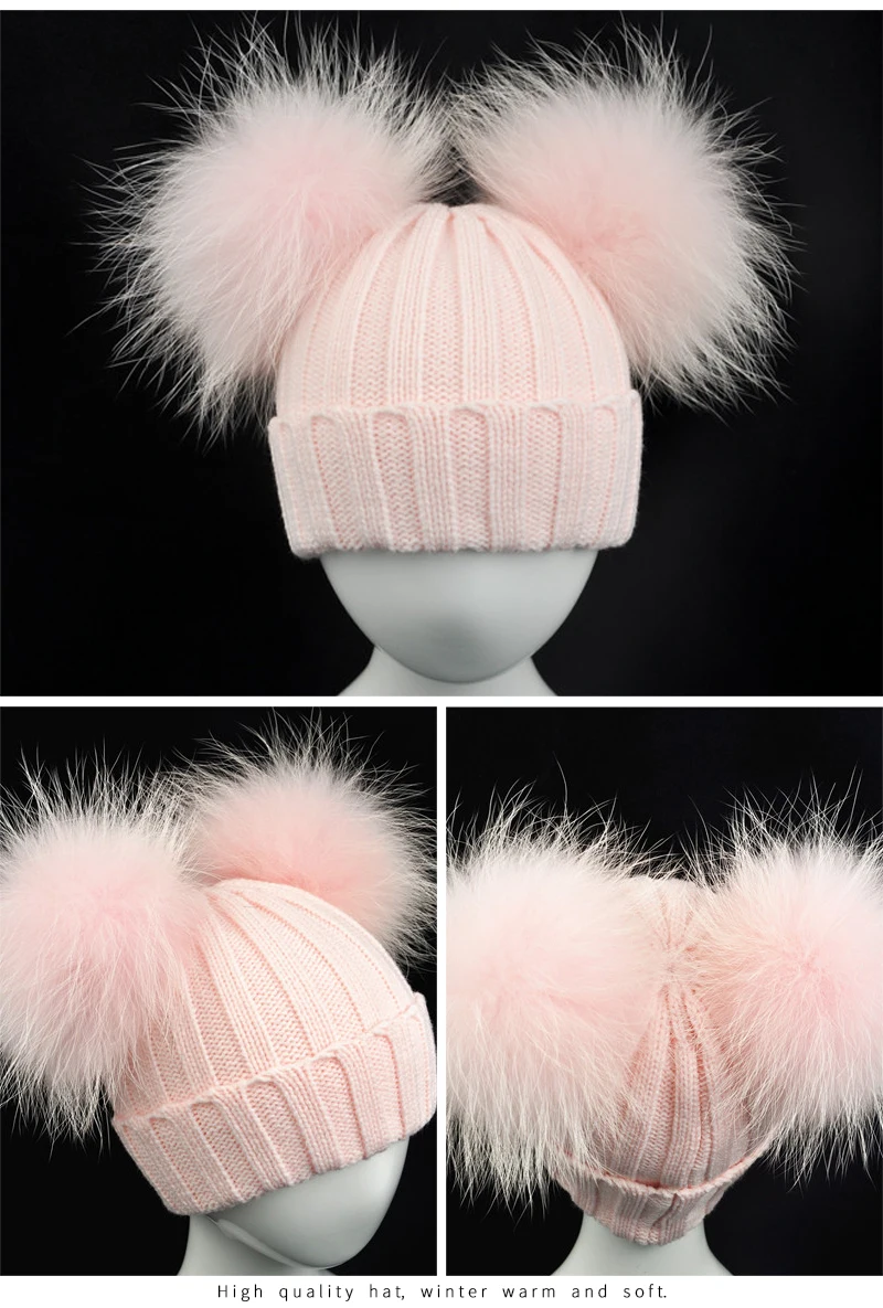 Winter Baby Knit Hat With Two Fur Pompoms Boy Girls Natural Fur Ball Beanie Kids Caps Double Real Fur Pom Pom Hat for Children