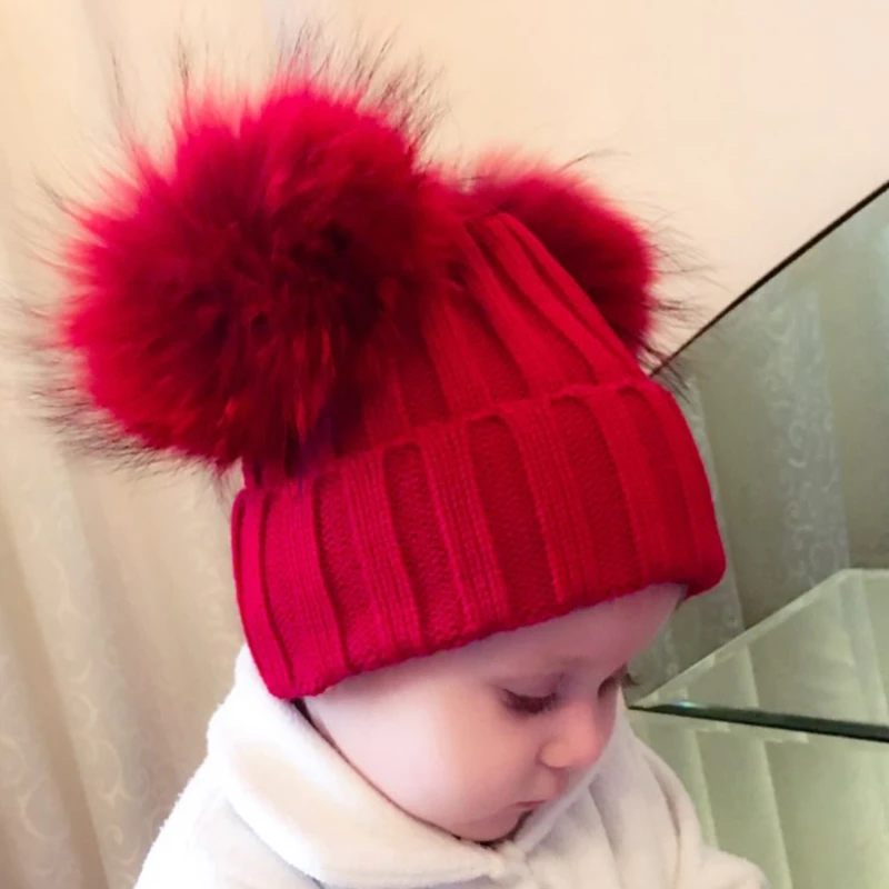 Winter Baby Knit Hat With Two Fur Pompoms Boy Girls Natural Fur Ball Beanie Kids Caps Double Real Fur Pom Pom Hat for Children