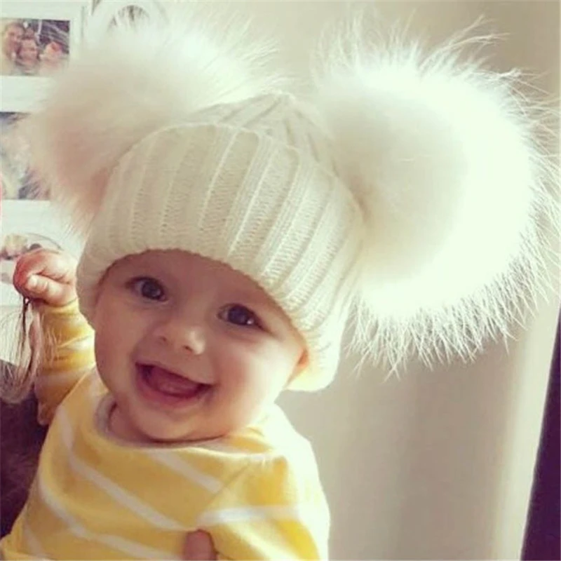 Winter Baby Knit Hat With Two Fur Pompoms Boy Girls Natural Fur Ball Beanie Kids Caps Double Real Fur Pom Pom Hat for Children